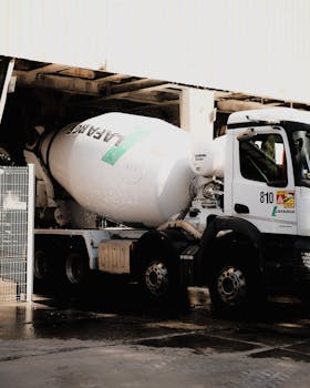 White cement mixer truck at construction site, ready for transportation.