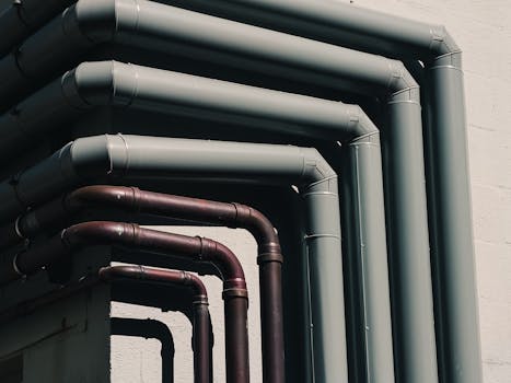 Close-up of industrial pipes forming a pattern on a building's exterior wall, shot outdoors.